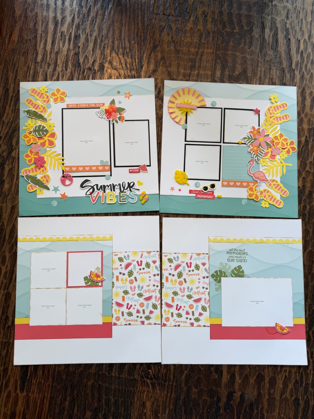 Handmade Summer 12x12 Premade Scrapbook Pages Photo Ready Embellished Set of 4